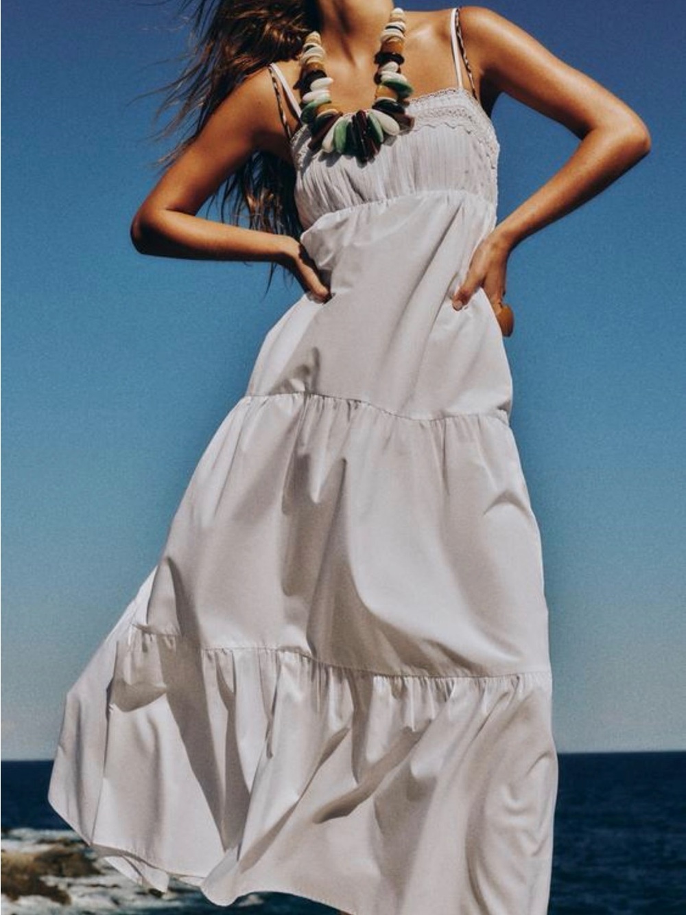 Zara Beautiful, White Smocked-Bodice tiered Maxi Dress🔥🔥🔥